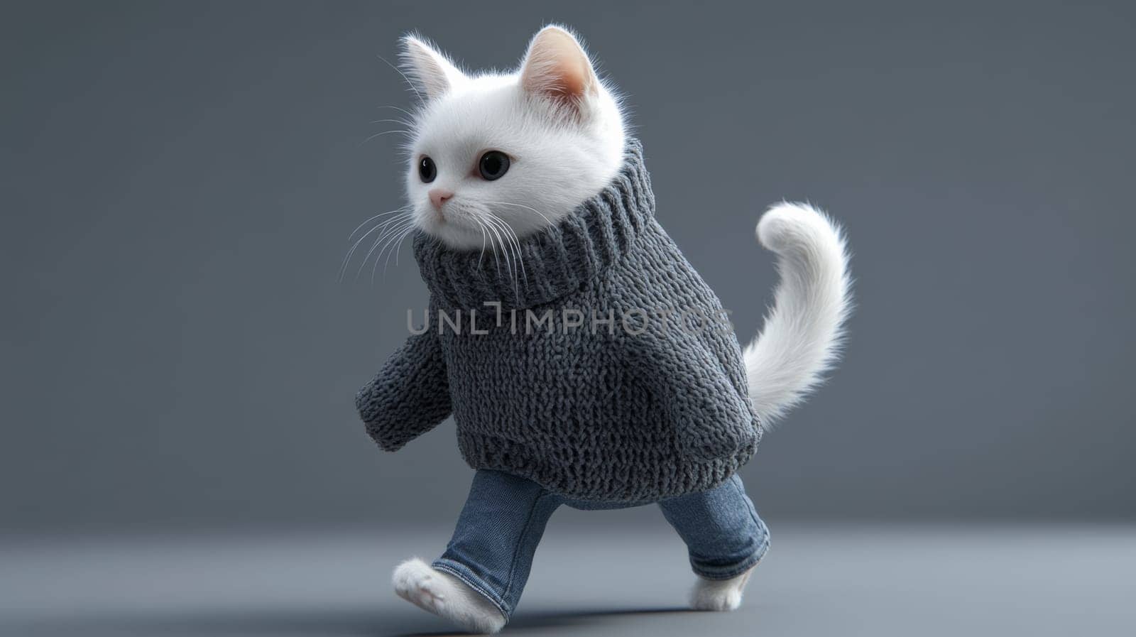 Adorable white kitten in sweater and jeans, walking on gray background, cute pet fashion concept.