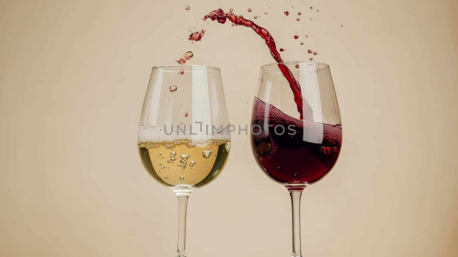 Two glasses of white and red wine splashing against beige background, motion and celebration concept.
