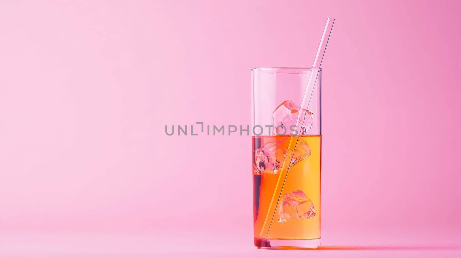 Refreshment drink in glass with ice cubes on pink background, minimalism concept.