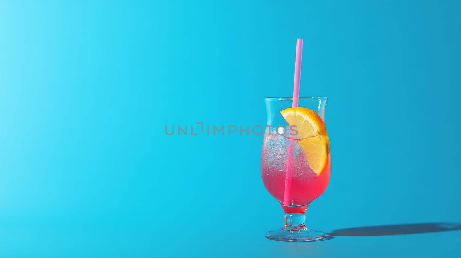 Colorful cocktail with orange slice and straw against blue background, vibrant summer refreshment concept.