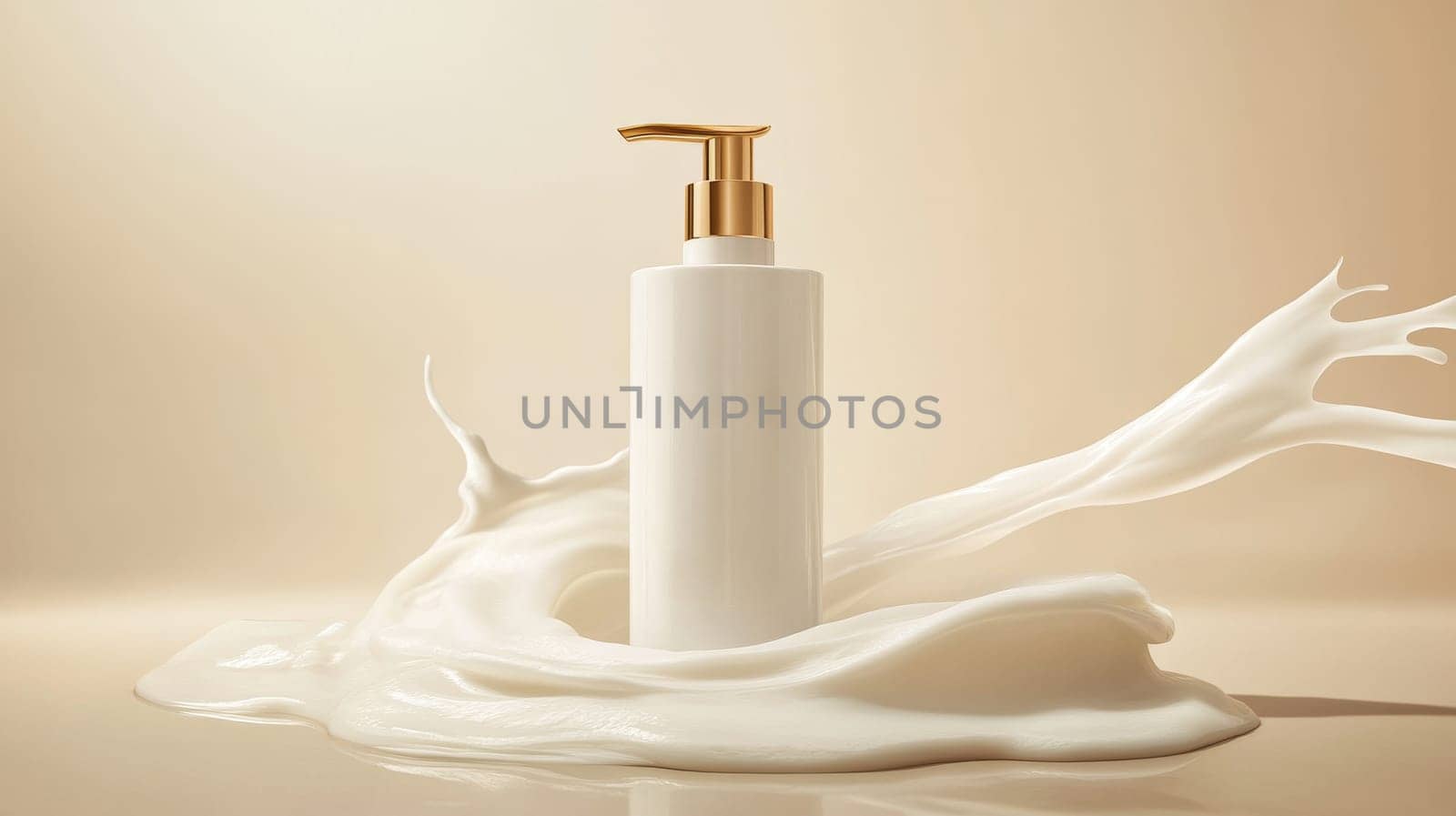 White lotion dispenser with golden pump splashed with creamy liquid on beige background, beauty and skincare concept.