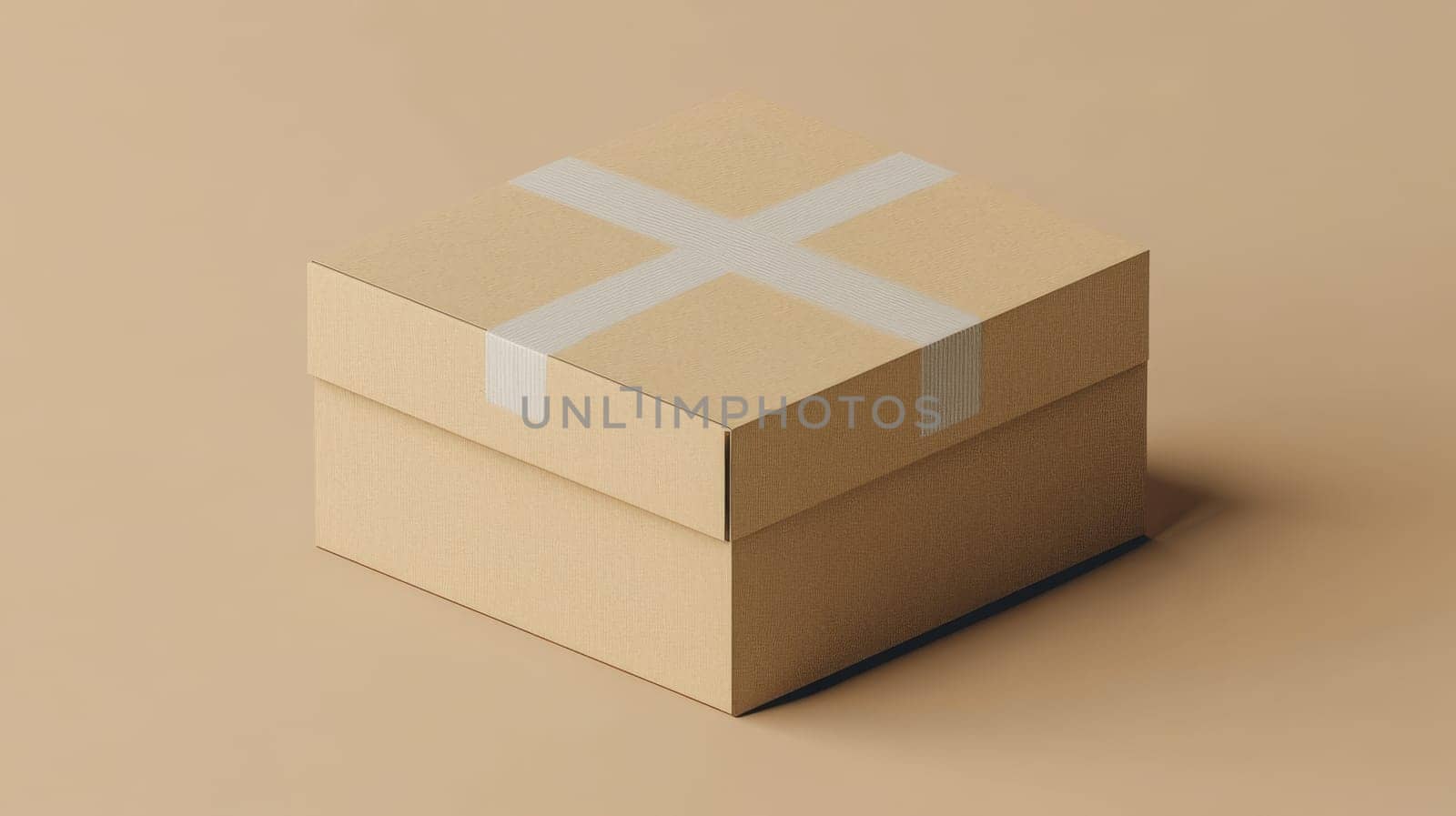 Cardboard box with tape on beige background, minimalist packaging concept.