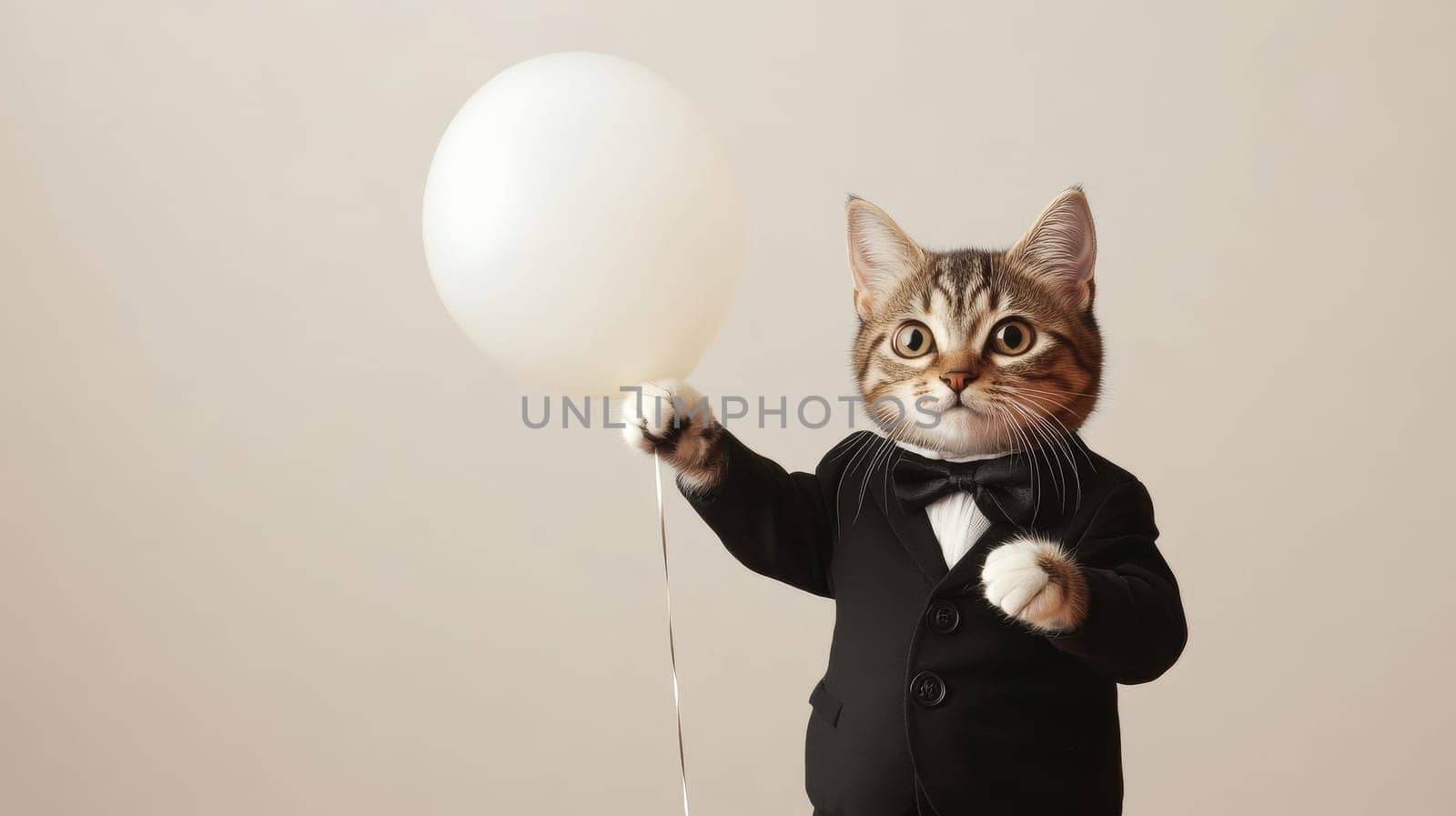 Cat dressed in suit holding a white balloon, studio shot. Cute and whimsical concept.