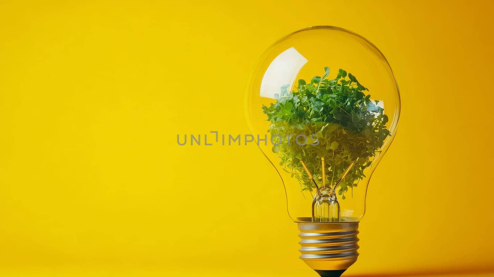 Light bulb with green plants inside on yellow background, environmental concept.