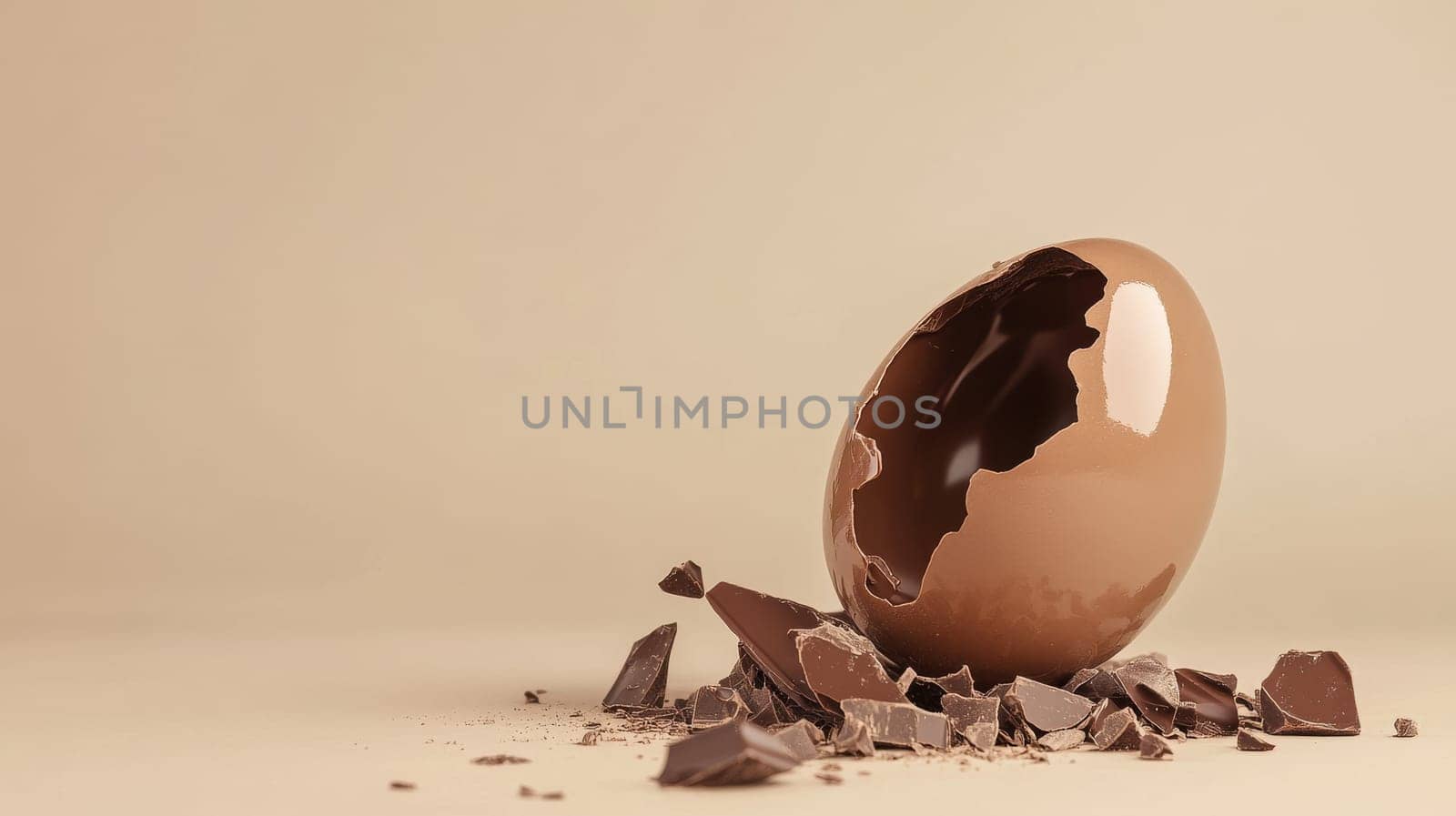 Broken chocolate egg with scattered pieces on beige background, delicious treat concept.