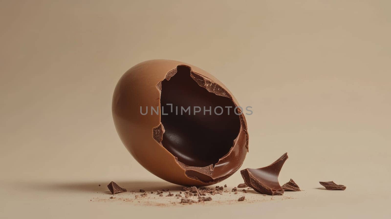 Broken chocolate egg on a beige background, minimalist composition. Easter and confectionery concept.