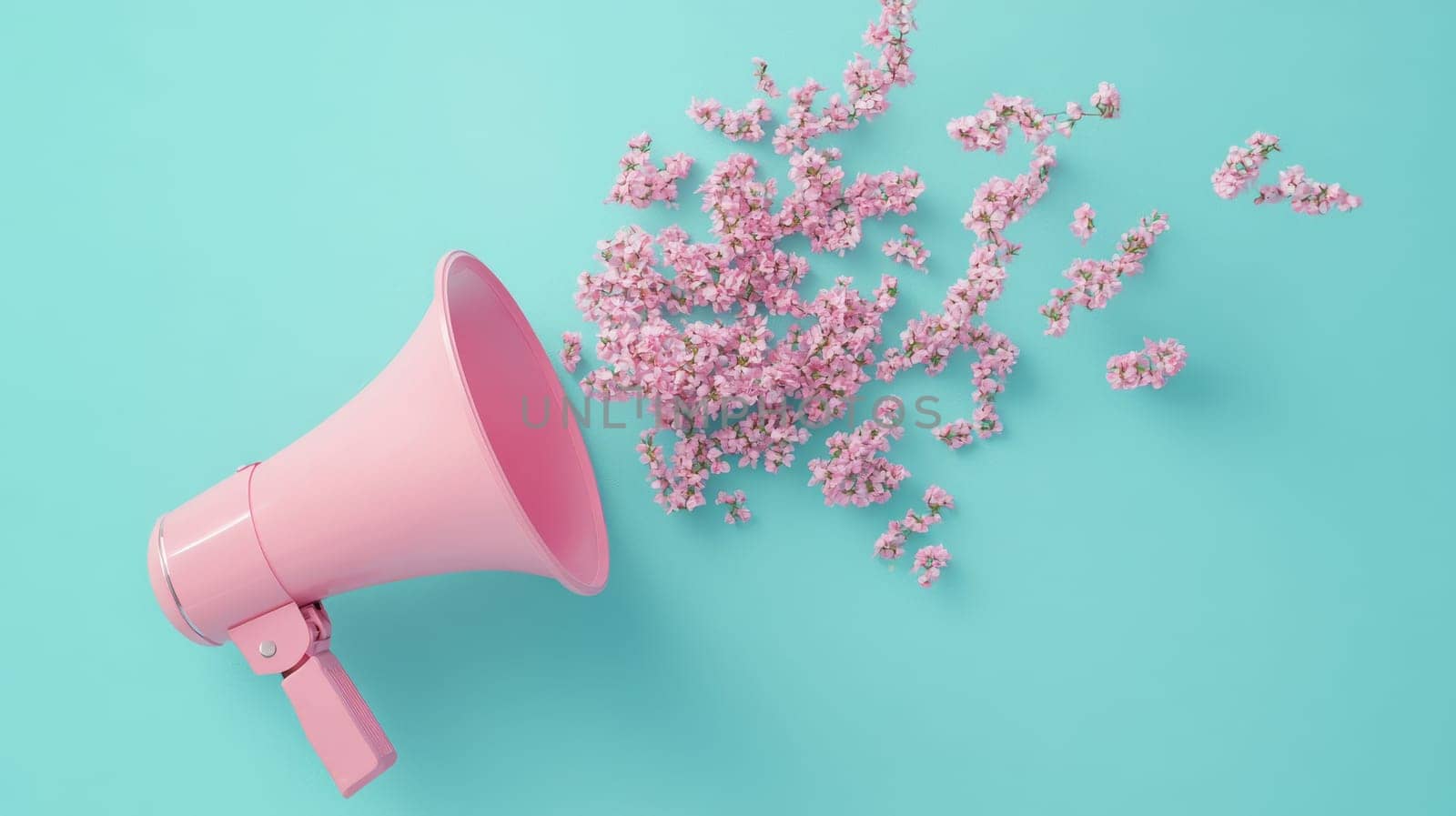 Pink megaphone with cherry blossoms on teal background, creative concept. Spring and announcement theme.