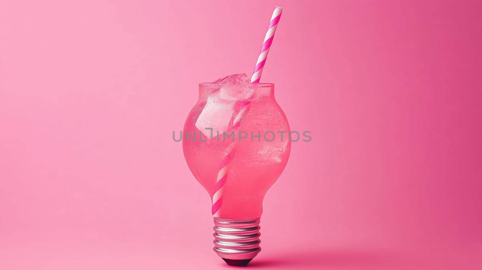 Light bulb shaped glass with pink drink and striped straw on pink background, creative concept.