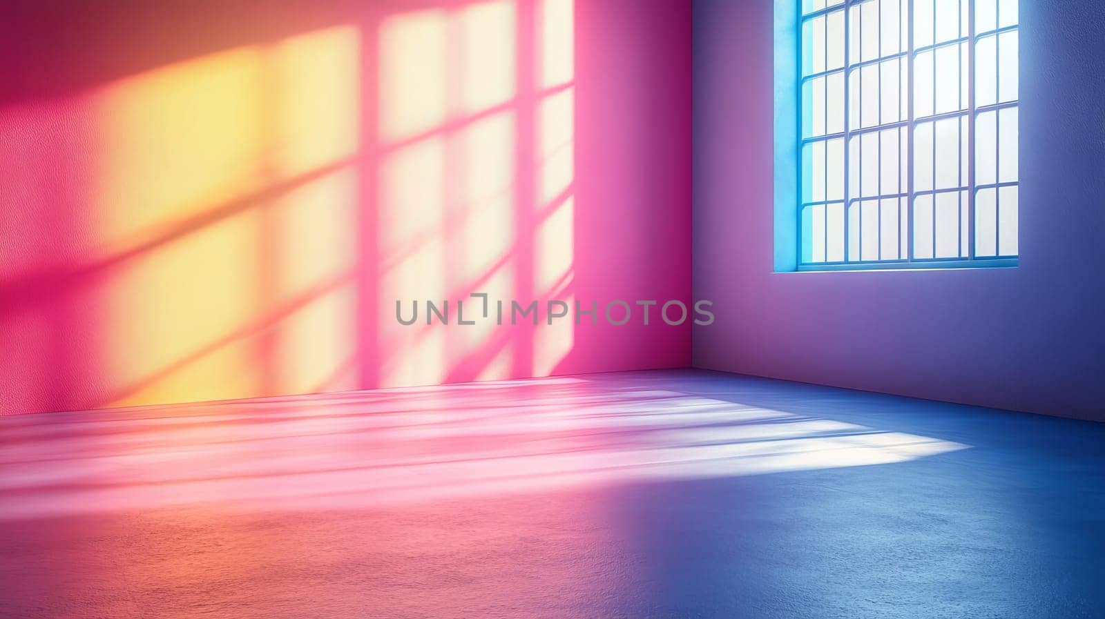 Colorful empty room with sunlight through windows, vibrant interior design, abstract concept.