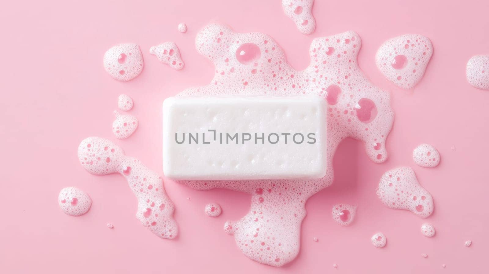 White soap bar with bubbles on pink background, hygiene and cleanliness concept.
