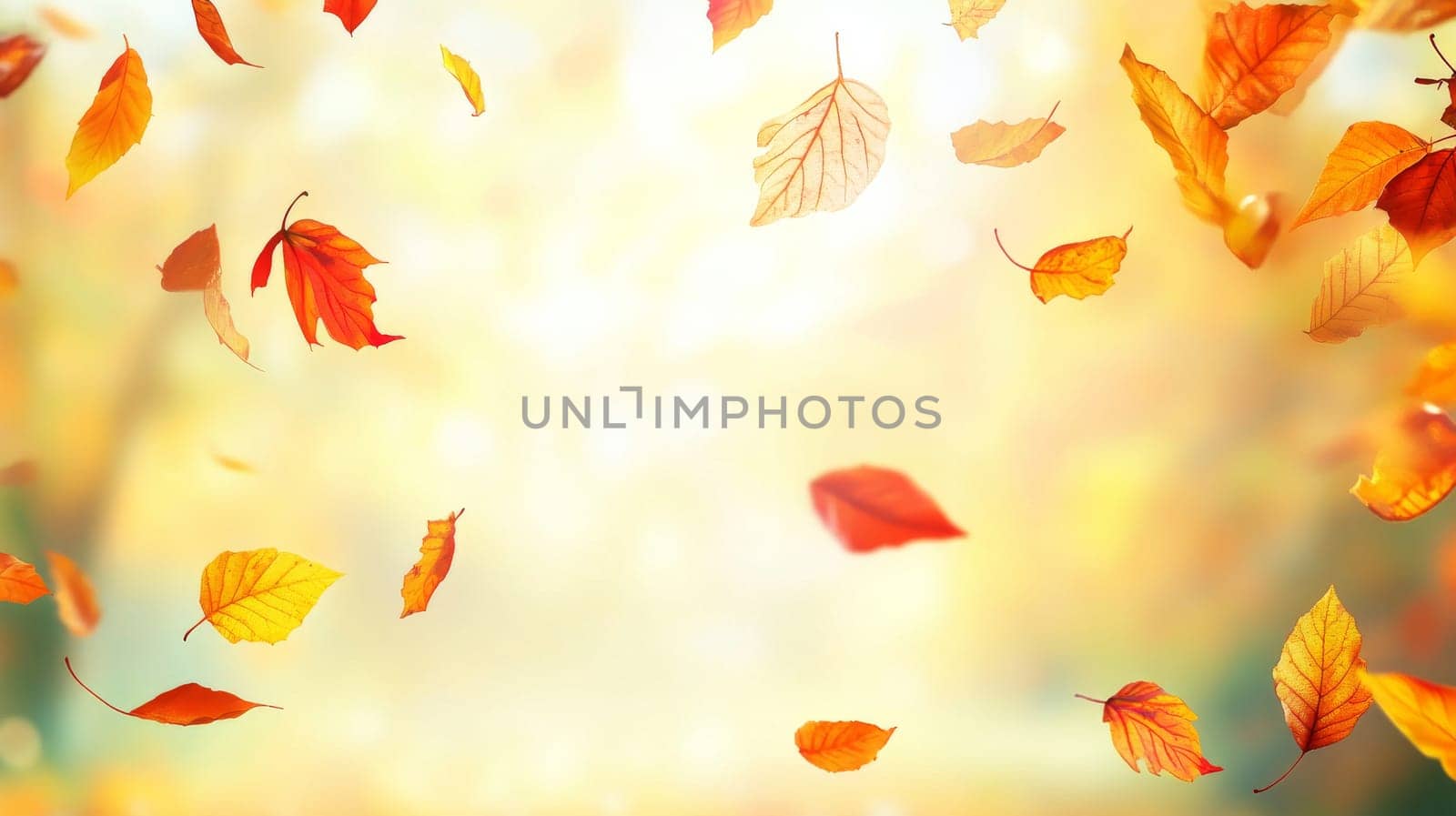 Falling Autumn leaves against a bright sky, seasonal background. Nature concept.