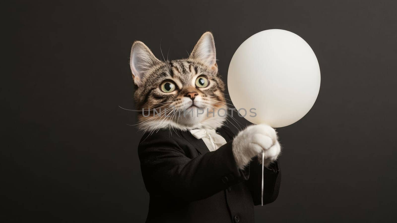 Cat dressed in tuxedo holding a white balloon, studio shot. Cute animal fashion and celebration concept.