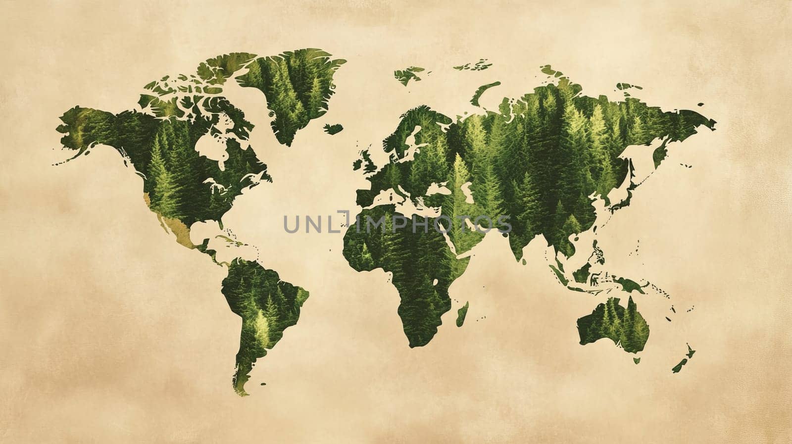 World map made of green forest trees on vintage background. Environmental conservation and nature concept.