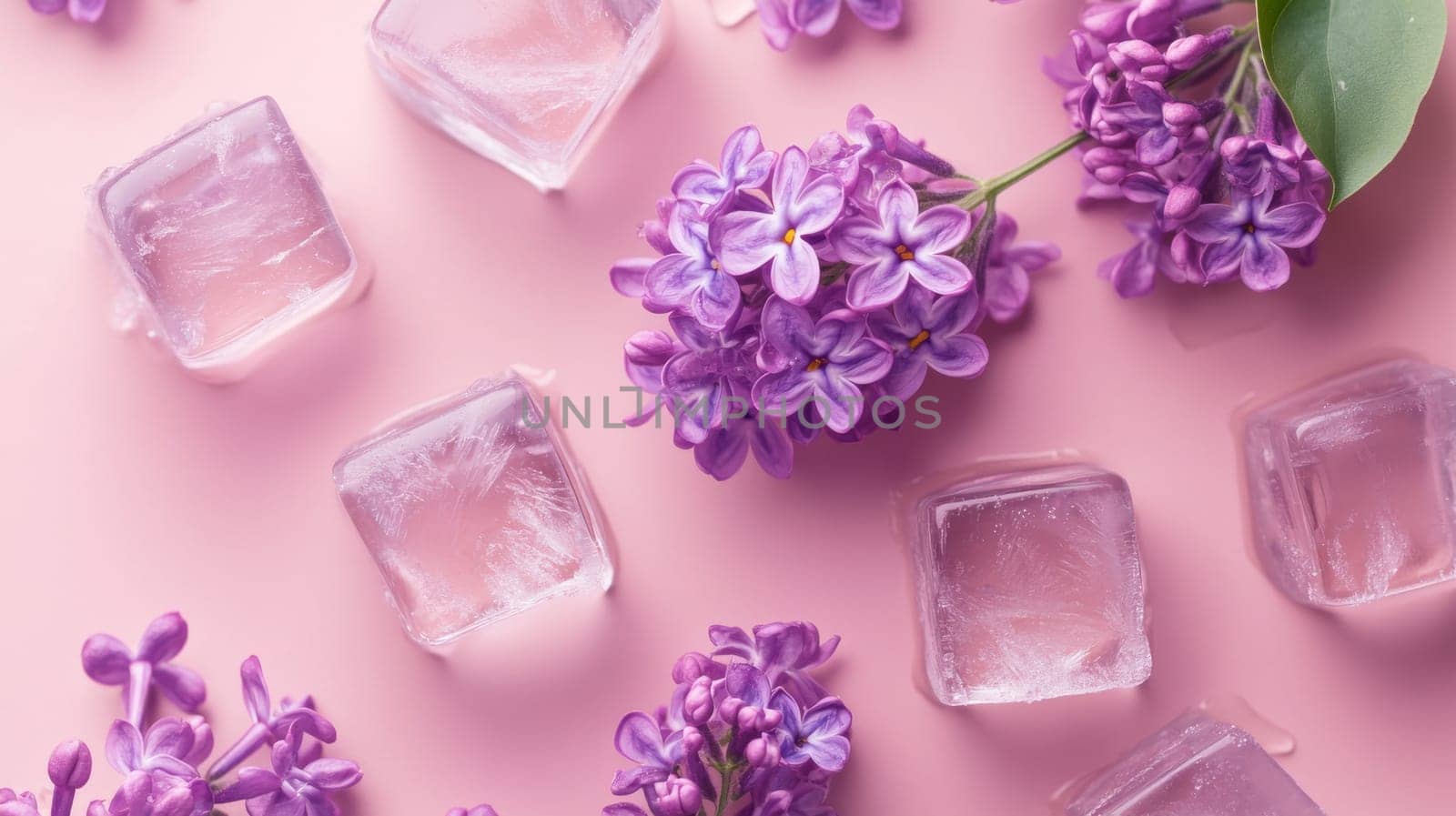 Purple lilac flowers and ice cubes on a pink background, overhead composition. Spring and freshness concept.