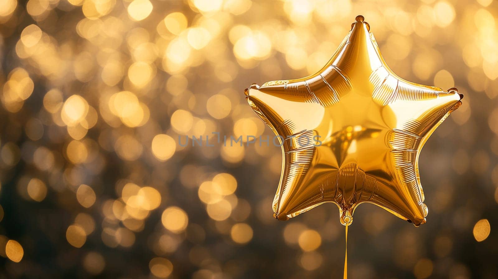 Golden star balloon with bokeh background, celebratory and festive concept.