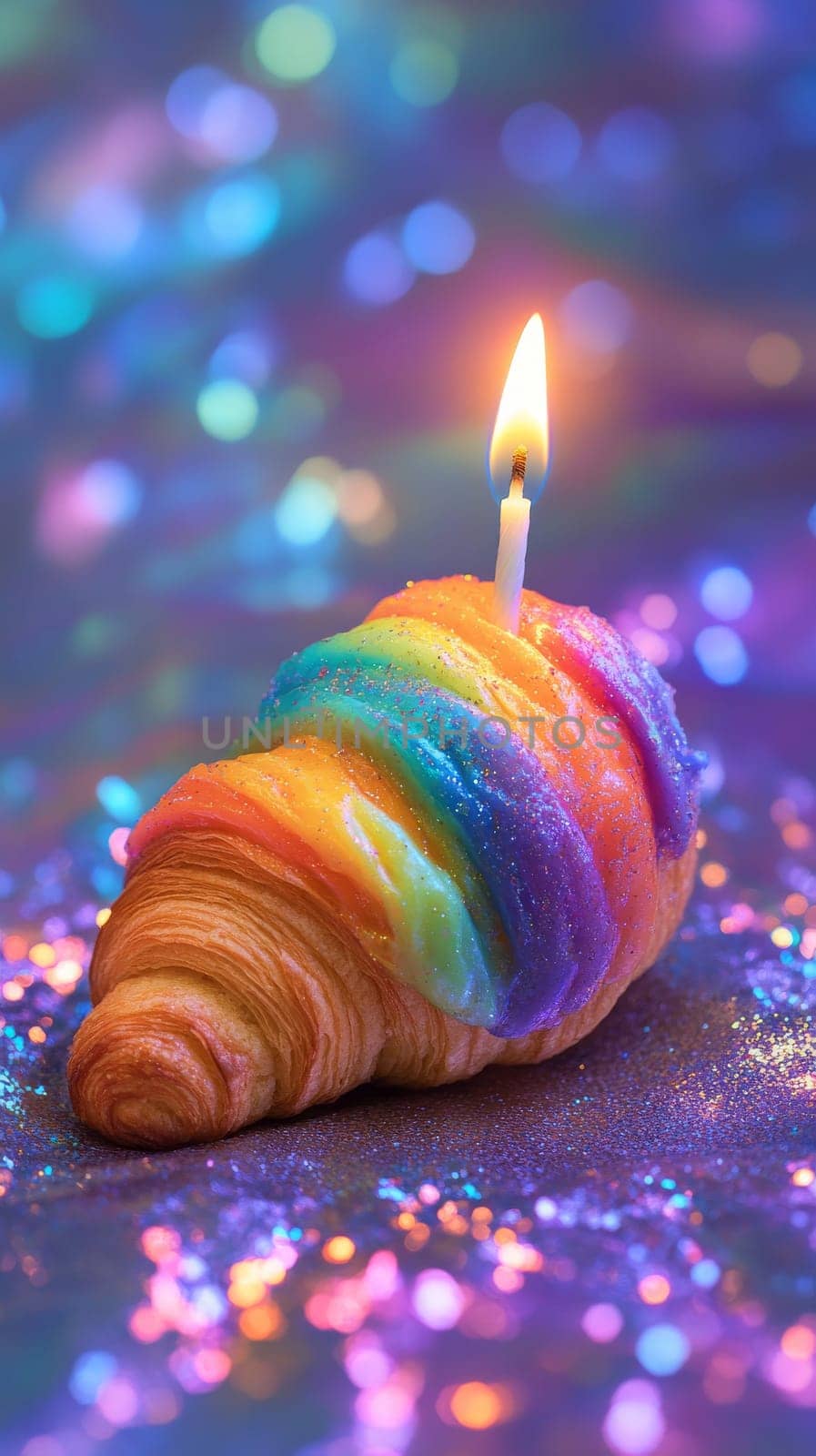 Rainbow croissant with lit candle on glittery background, vibrant celebration concept.