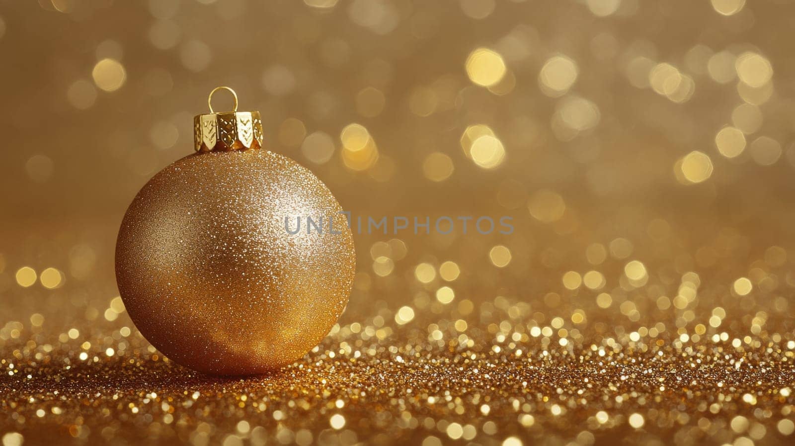 Golden Christmas ball ornament with sparkling bokeh background, holiday decoration concept.