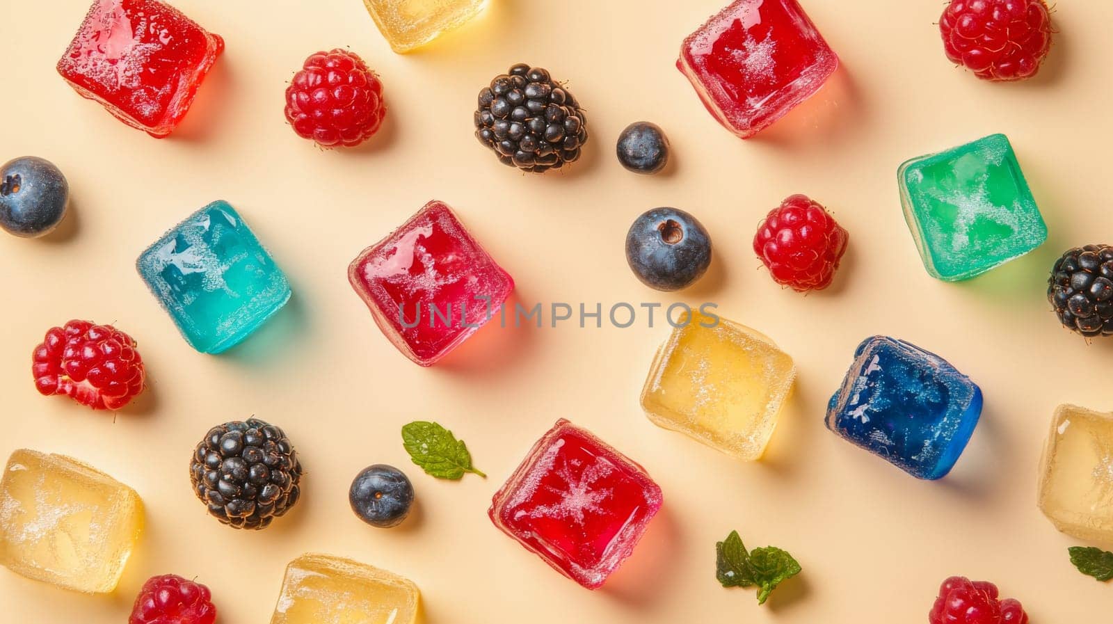 Colorful ice cubes with various berries and mint leaves on a light background. Refreshing summer concept.