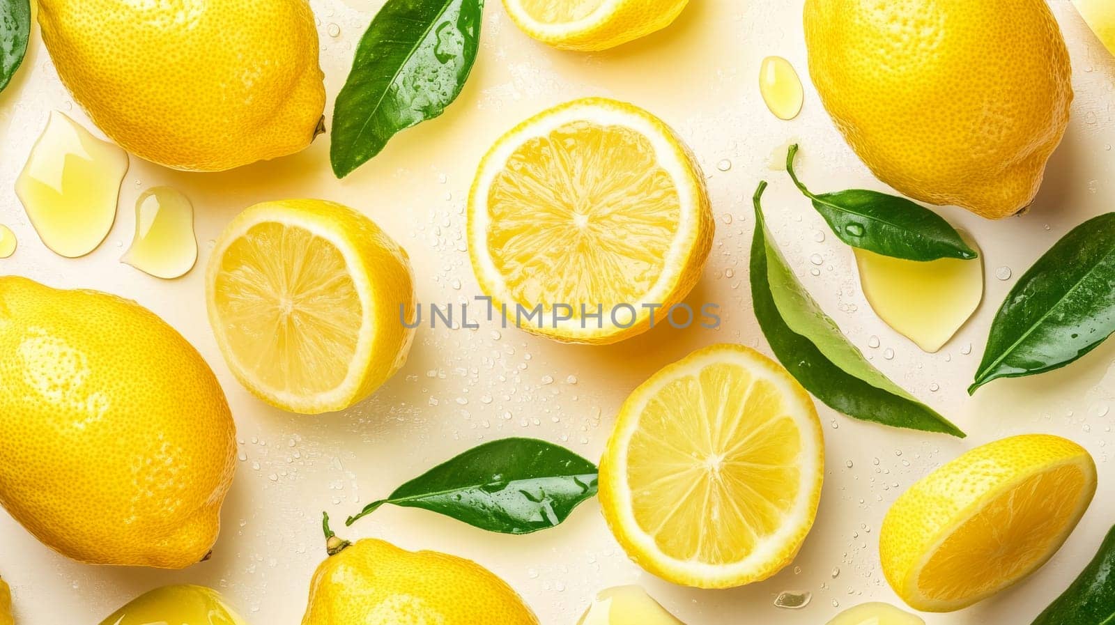 Fresh lemons with green leaves on a wet surface, top view. Food and citrus concept.