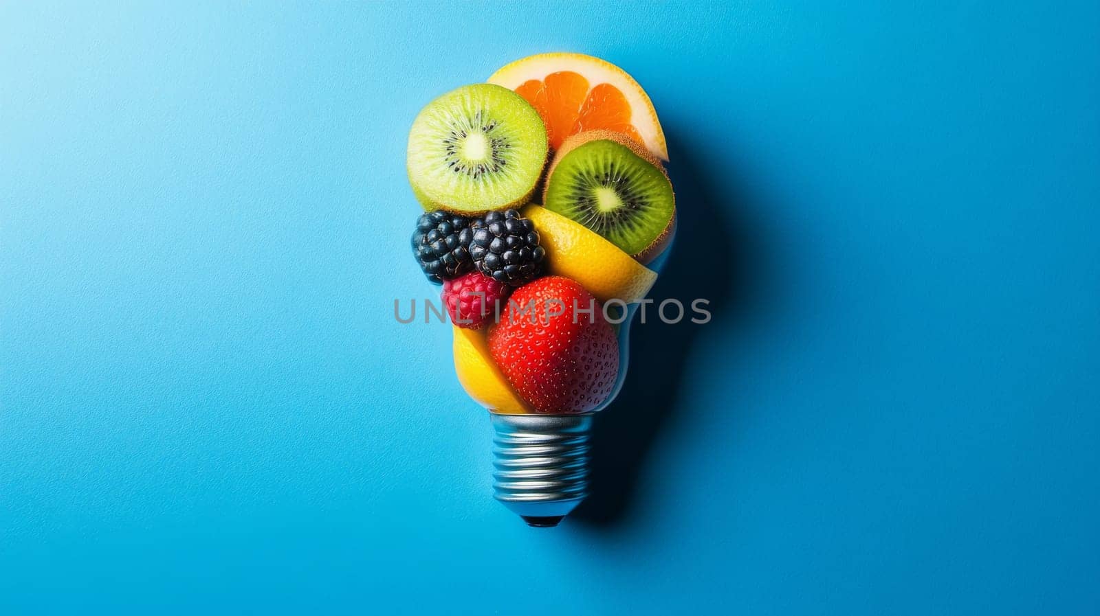 Light bulb filled with assorted fresh fruits on blue background, creative healthy eating concept.