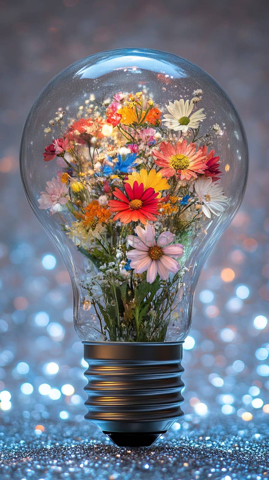 Light bulb filled with colorful flowers, close-up view, bright and sparkly background. Creativity and nature concept.