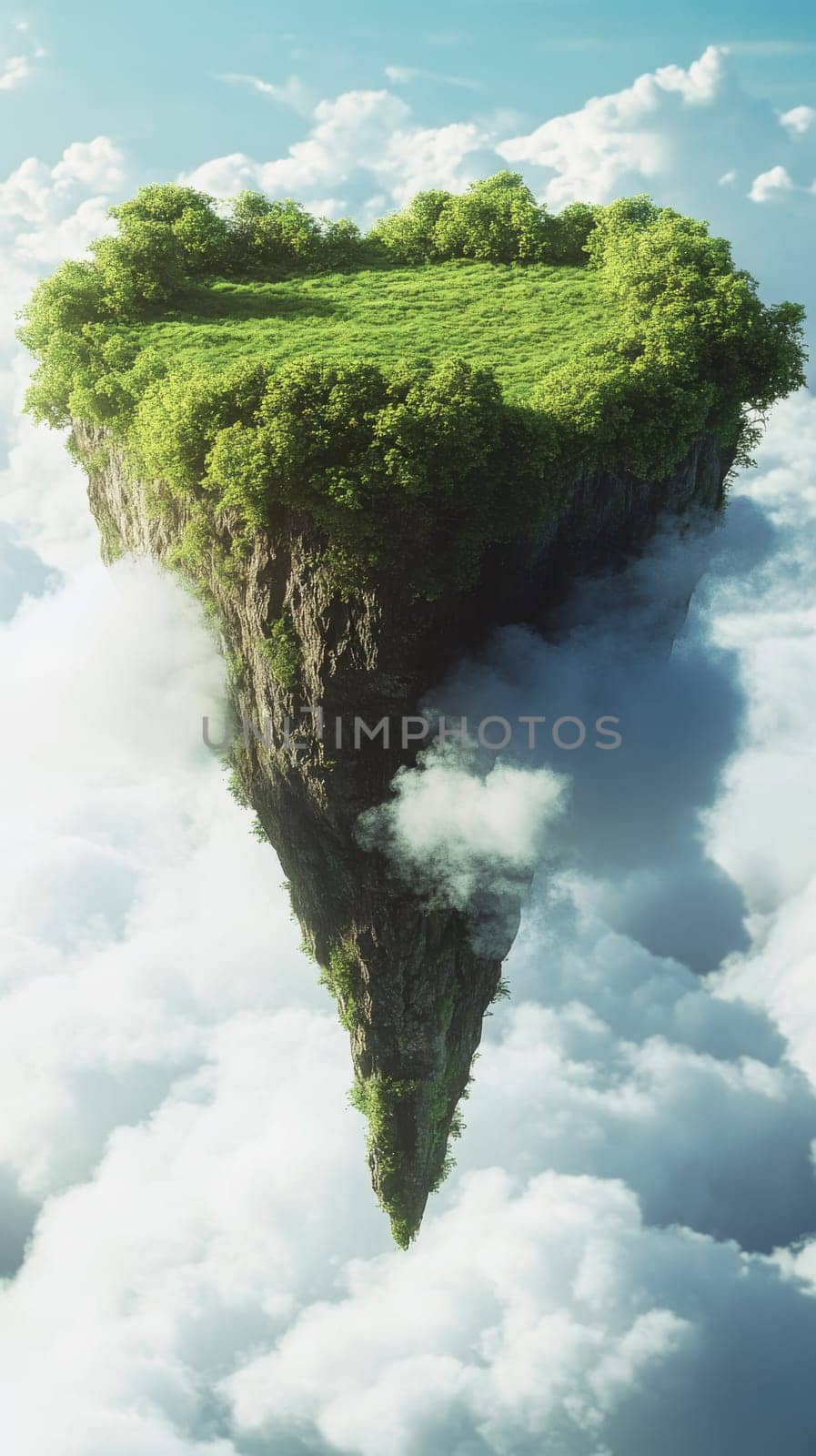 Floating heart-shaped island with lush greenery above clouds, fantasy landscape concept.