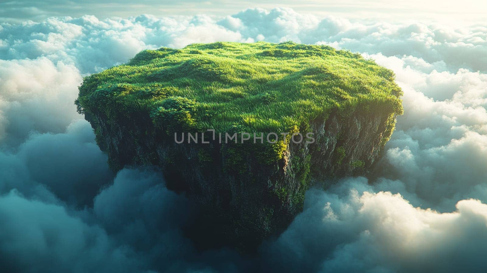 Floating island with lush green grass above the clouds, fantasy landscape concept.