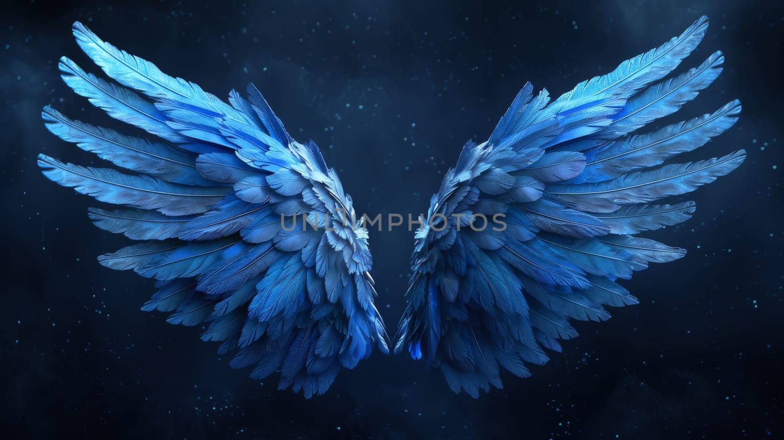 Pair of blue angel wings with feathers spread against dark cosmic background.
