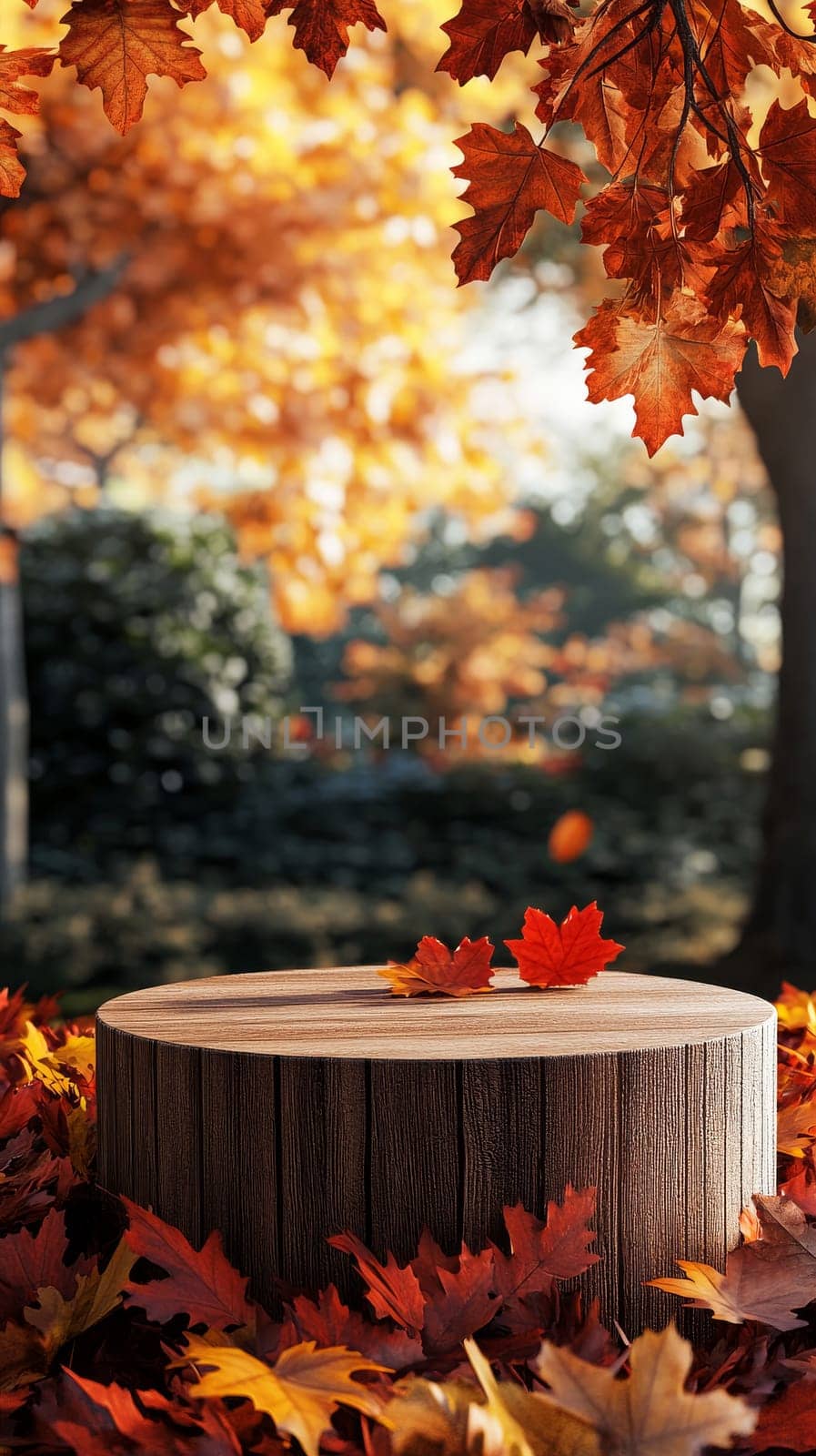 Autumn tree stump with colorful fall leaves in forest. Nature and seasonal concept.