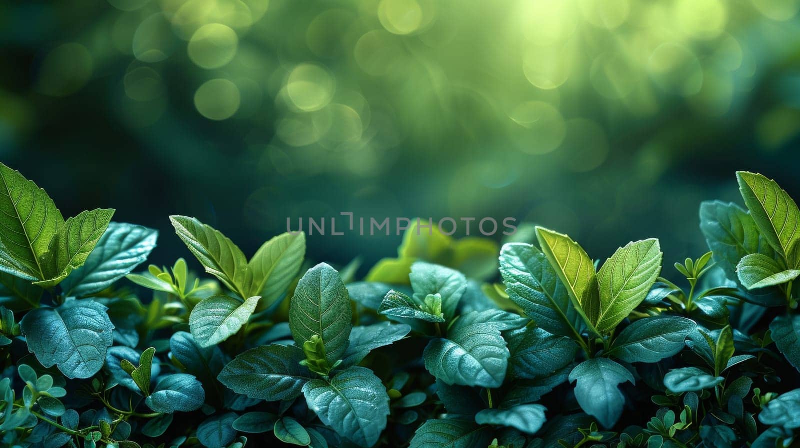 Green plants with blurred bokeh background, sunlight in nature. Tranquil garden scene with vibrant foliage, nature's beauty concept.