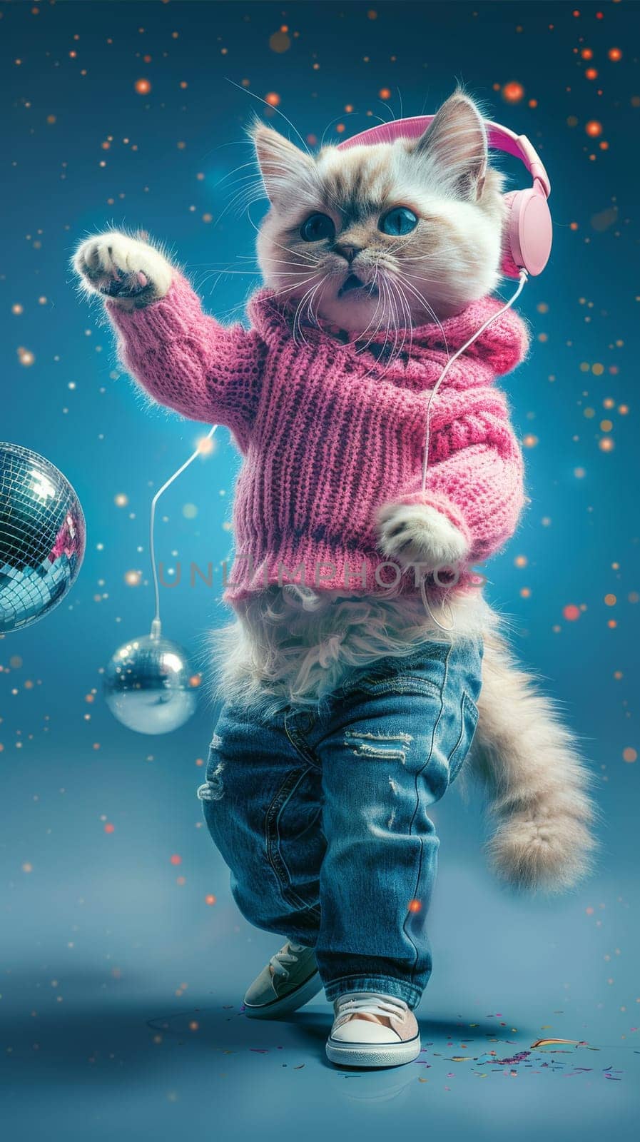 Cat in pink sweater and jeans dancing with headphones, disco concept.