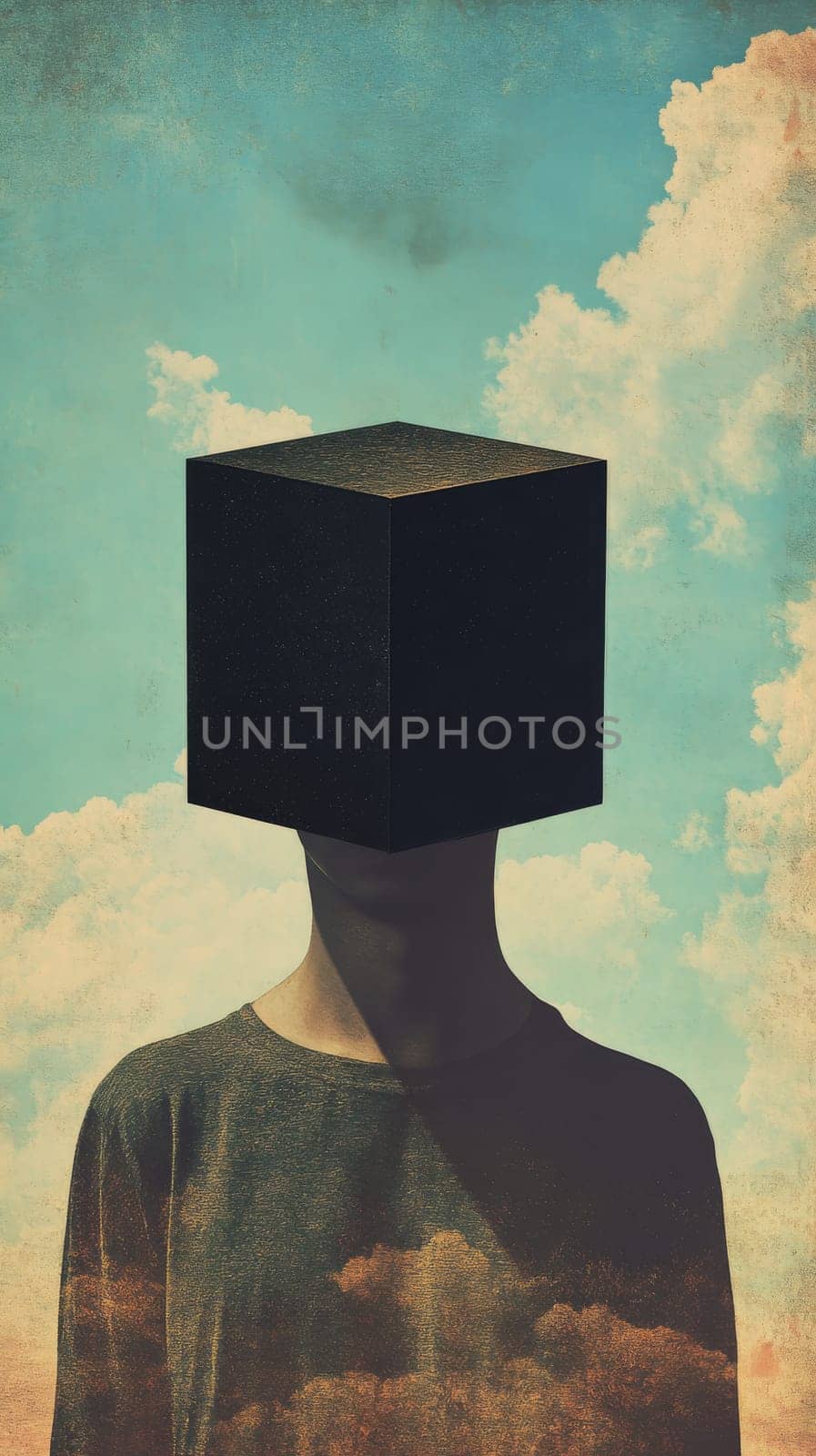 Surreal image of person with box on head against cloudy sky background, artistic concept.