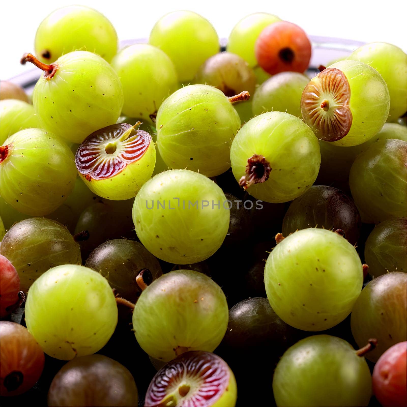Gooseberries green gooseberries arranged in a triangle shape with some berries cut open and seeds. Food isolated on transparent background.