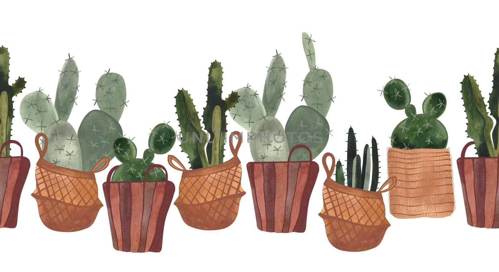 Seamless cactus border. Houseplants in baskets and pots. Plant growing as a hobby. Isolated watercolor illustration on white background. Clipart. Banner for website design