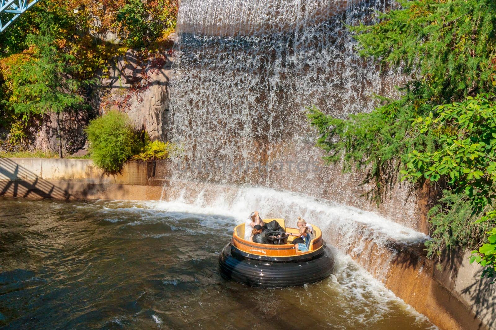 Helsinki, Finland - 19 AUGUST 2024: Water ride Hurjakuru in the amusement park Linnanmaki