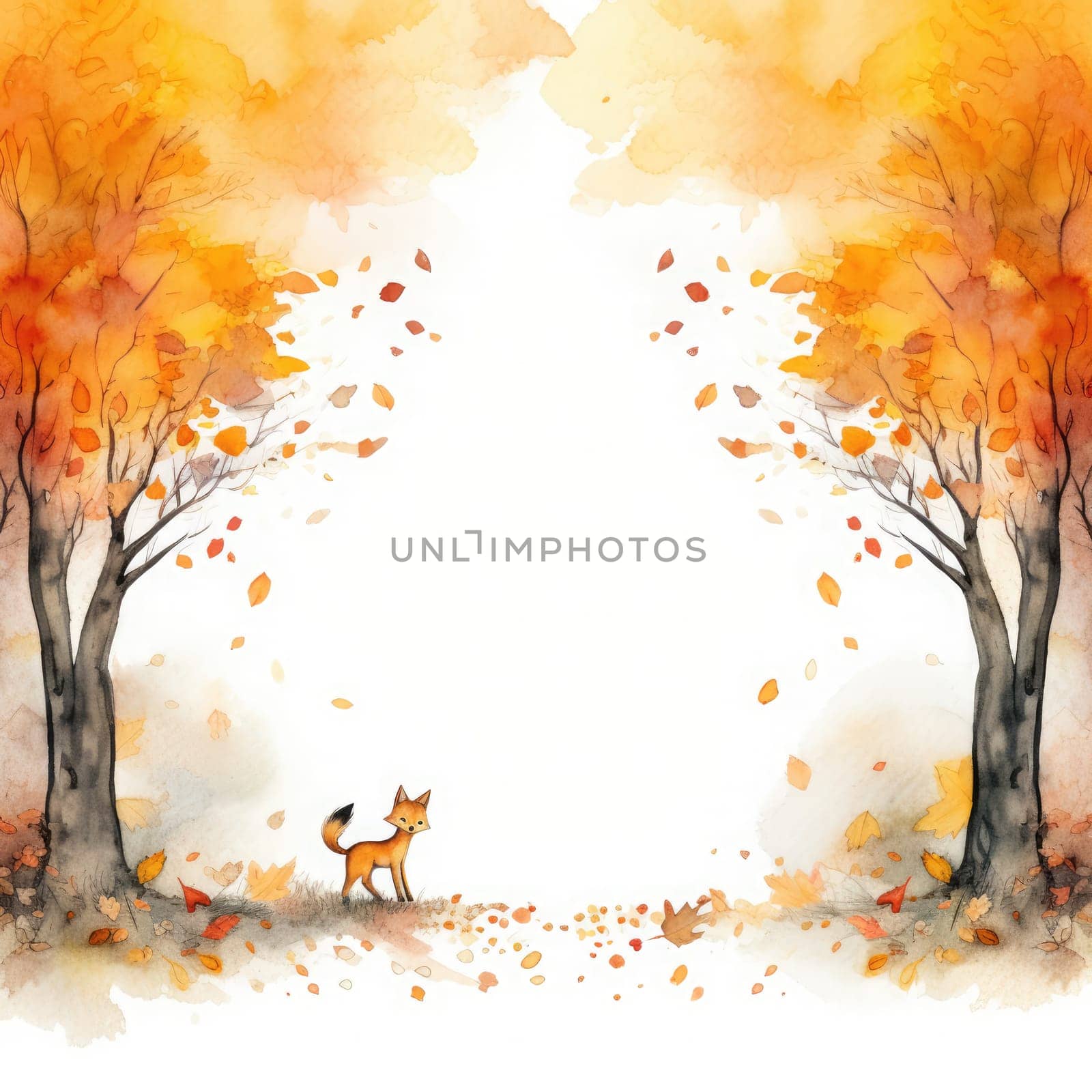 A picturesque autumn setting shows a tree with brilliant orange and red leaves, as colorful foliage swirls gently around its base, capturing the beauty of the fall season.