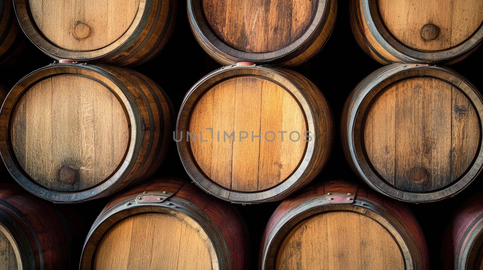 A collection of wooden barrels is stacked against each other in a rustic winery, reflecting the quality craftsmanship and aged wood in warm late afternoon light.