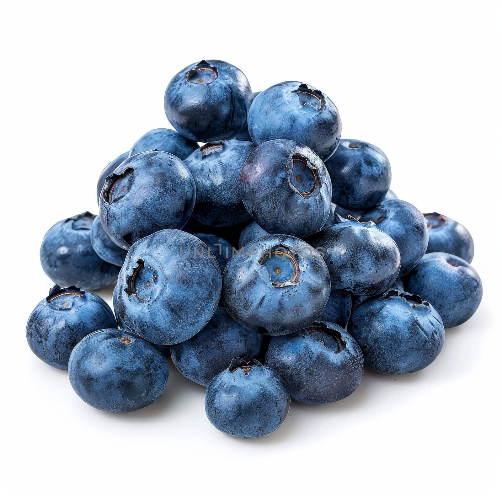 Close-up of fresh, juicy blueberries showcasing their vibrant blue color and texture, isolated on a white background