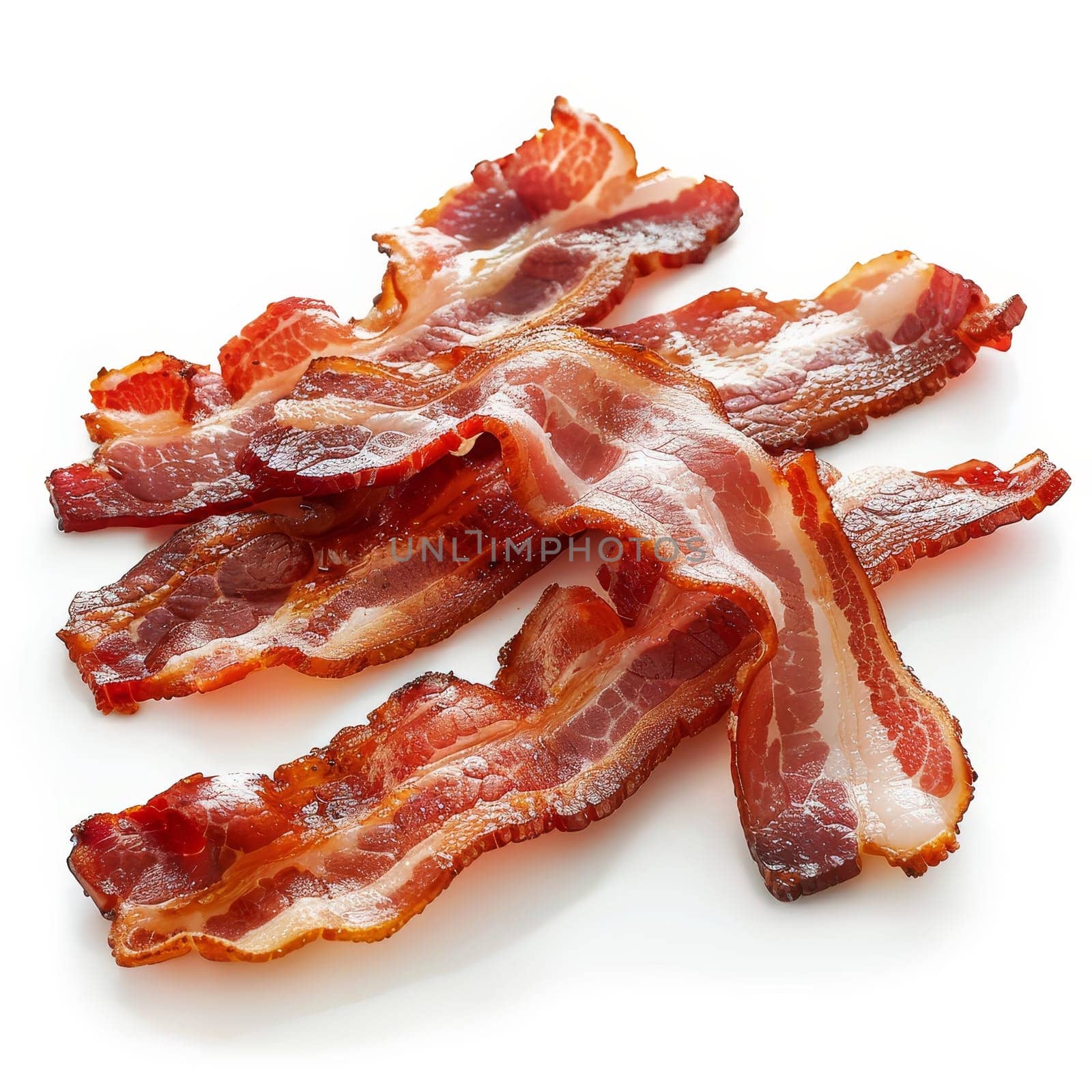 Several slices of cured bacon in a pile on a white background. The bacon slices are thin, translucent and pink with streaks of white marbling