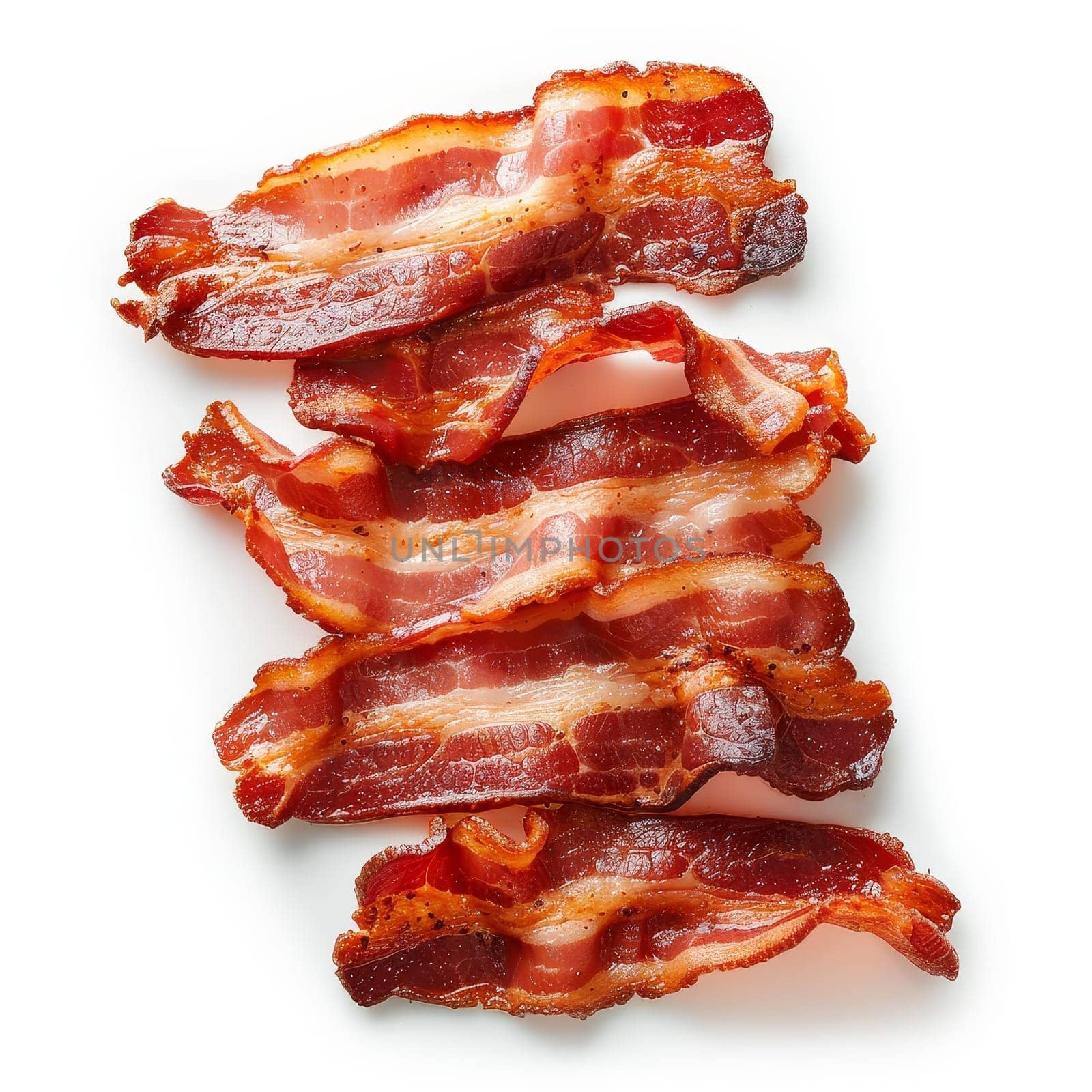 Several slices of cured bacon in a pile on a white background. The bacon slices are thin, translucent and pink with streaks of white marbling