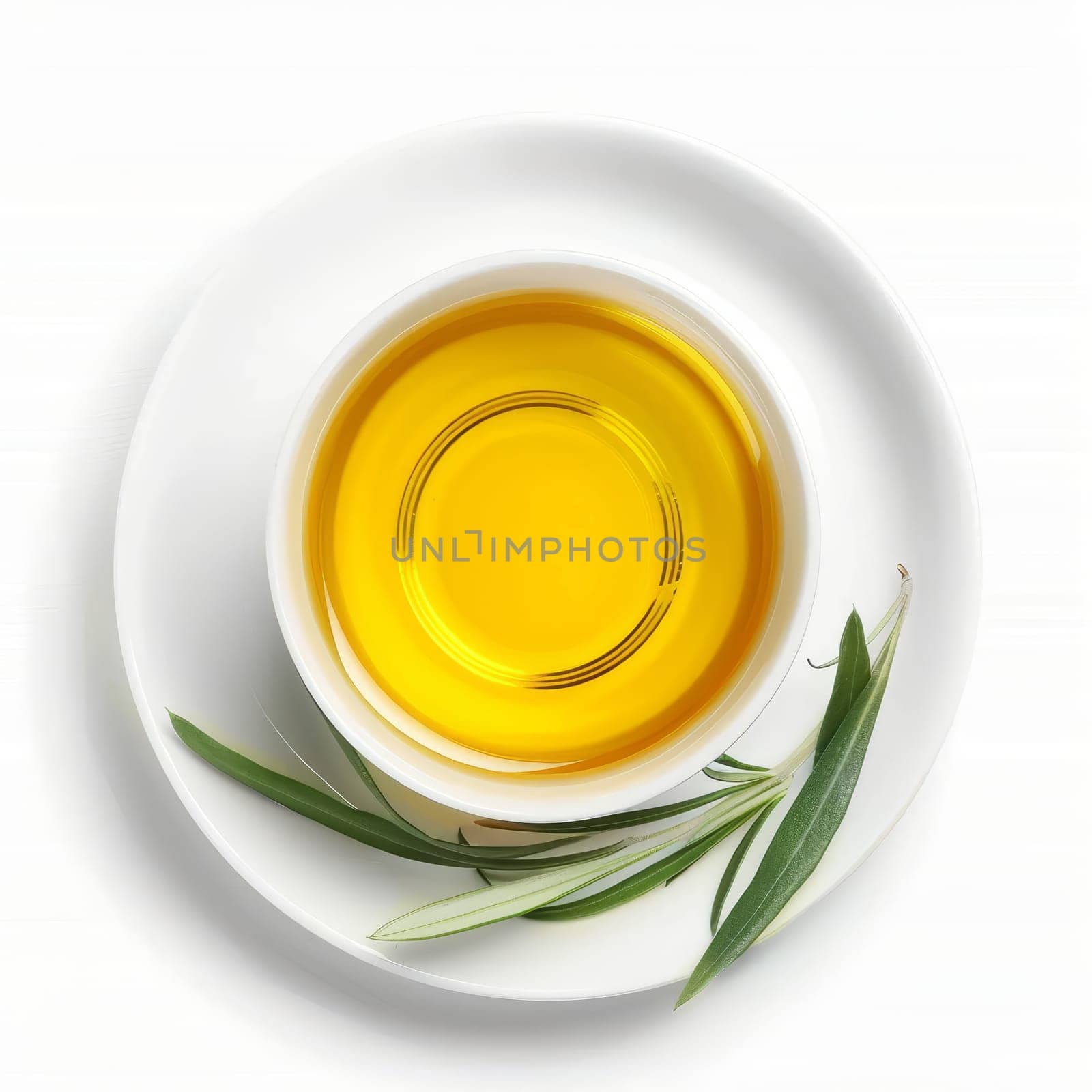 A small, white saucer filled with a pool of emerald green olive oil. A single, green olive leaf rests on the oil's surface. The saucer sits on a clean white background