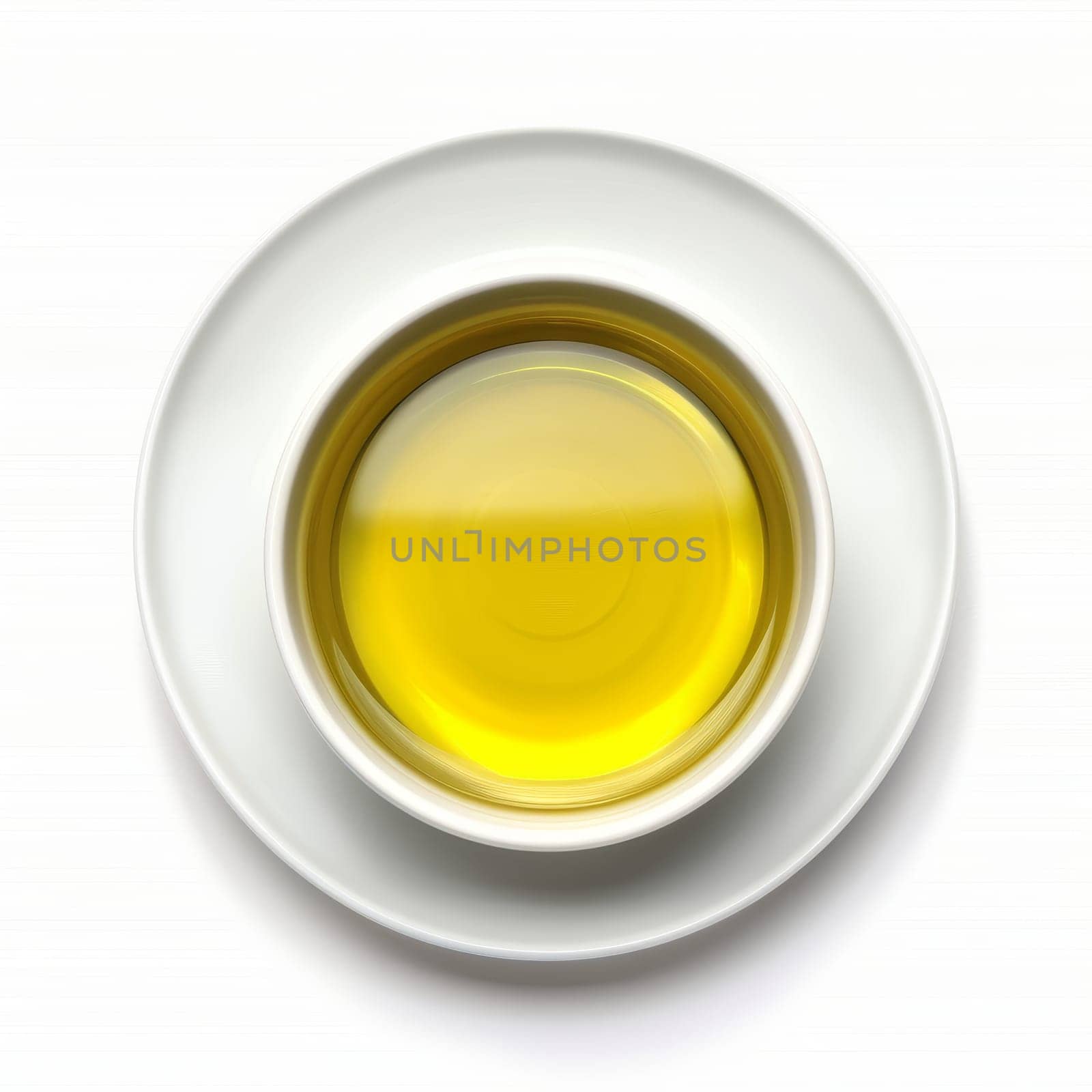 Top view of a bowl of clear yellow liquid, possibly oil or broth, on a white surface