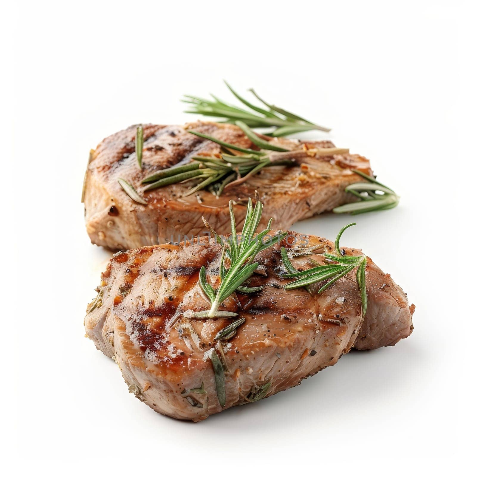 Top view of grilled steaks garnished with fresh rosemary, isolated on a white background