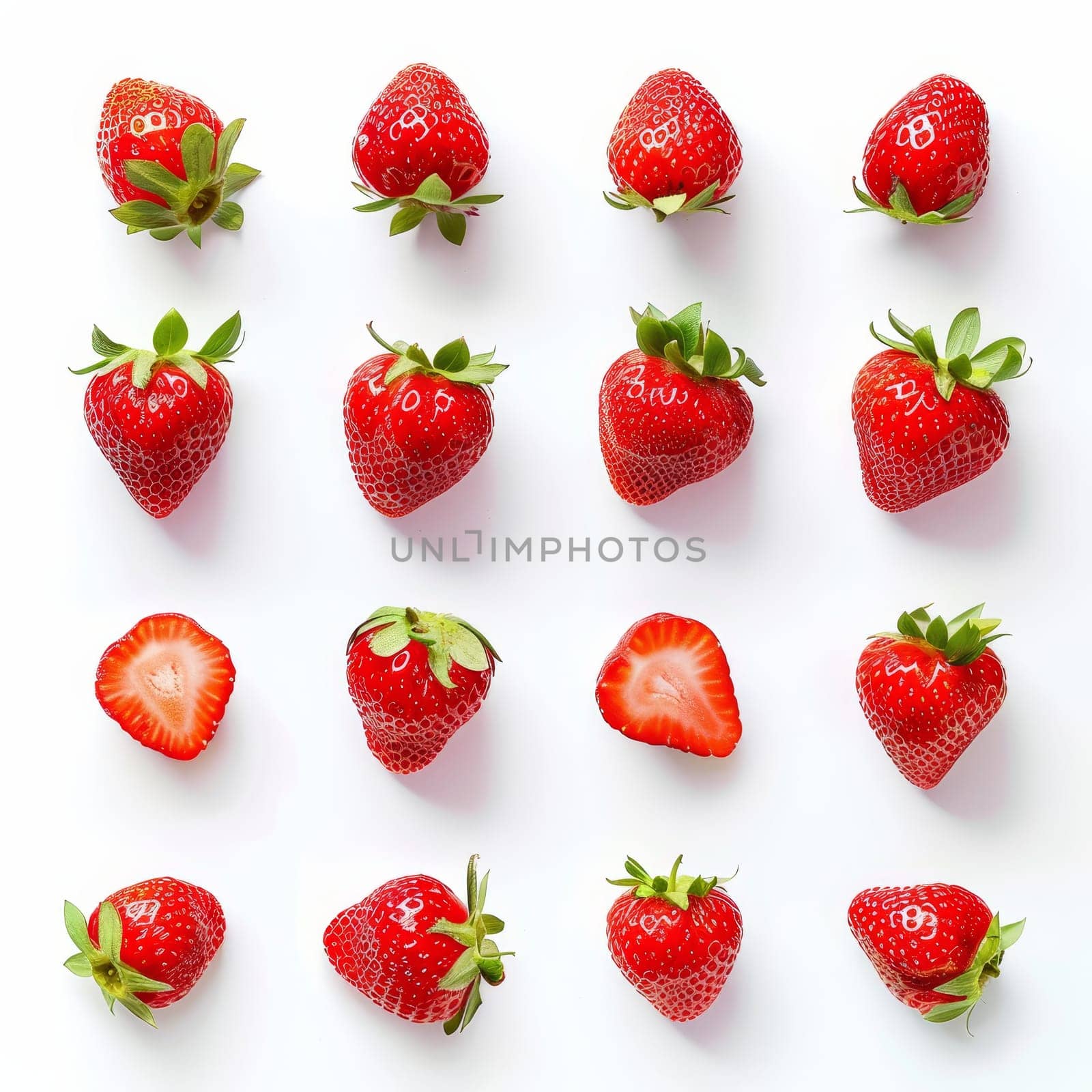Fresh strawberries arranged on a white background, some whole and others sliced, showcasing their vibrant red color