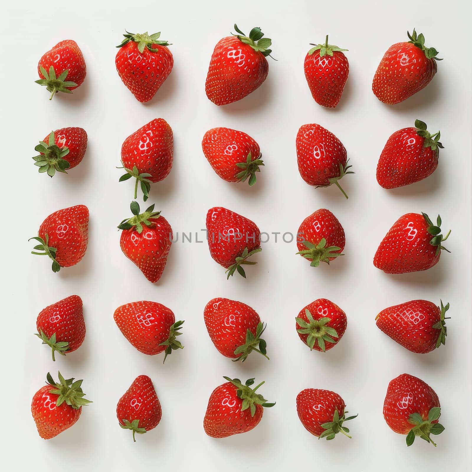 Top view of fresh, ripe strawberries arranged on a white background