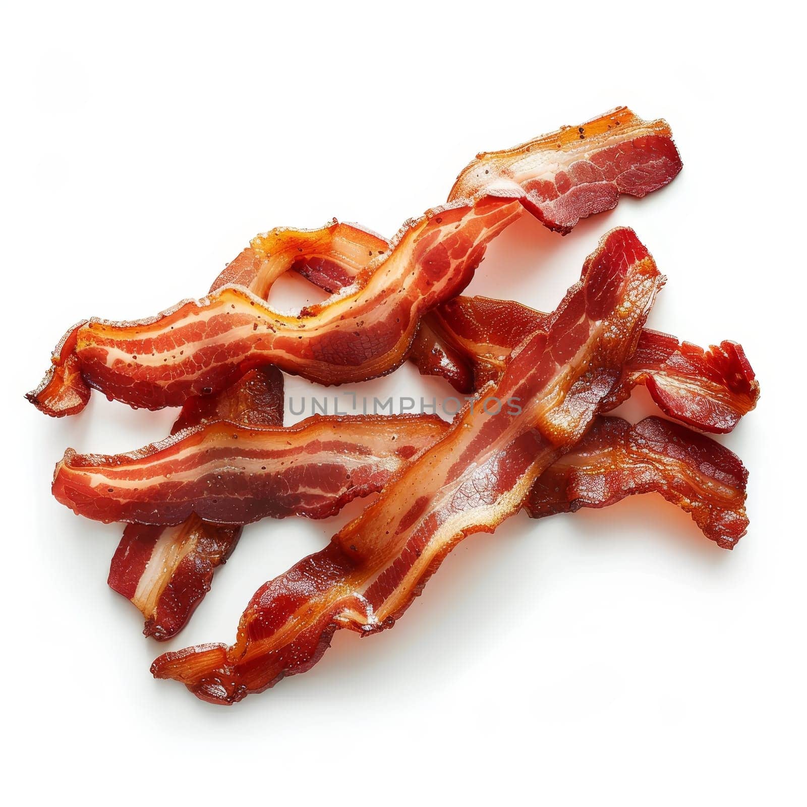 Crispy fried bacon strips isolated on a white background, top view