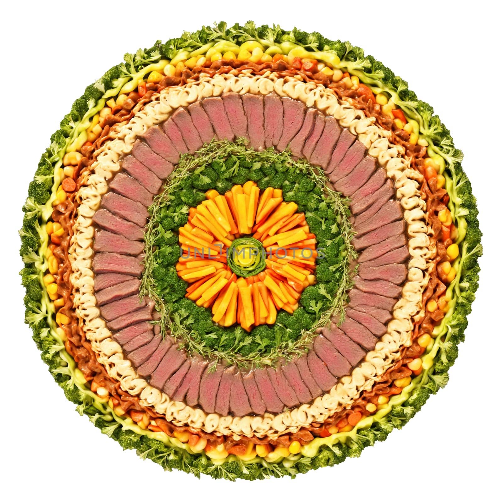 Beef Stew Mandala hearty beef and vegetable stew arranged in a hypnotic circular pattern herbs. Food isolated on transparent background.