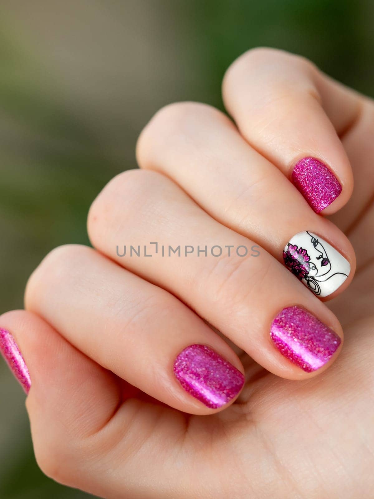 Female hand with pink manicure. Woman fingernails with pink holographic nail polish lacquer on green lush background. Aesthetic visual of red violet manicure with lady silhouette stamping nail art