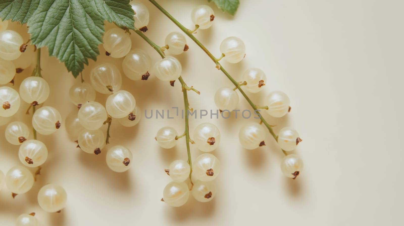 Close-up of white currant berries with green leaves on a light background. Fresh and organic food concept.