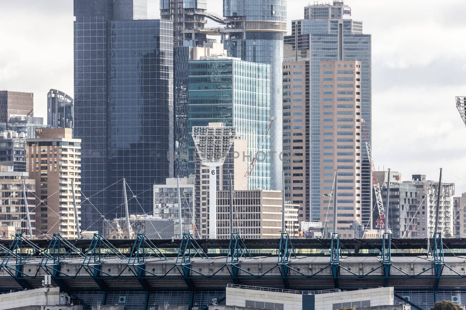MELBOURNE, AUSTRALIA - JUNE 10, 2022: View towards Melbourne Cricket Ground and Melbourne skyline from a high rise building in Cremorne in Australia